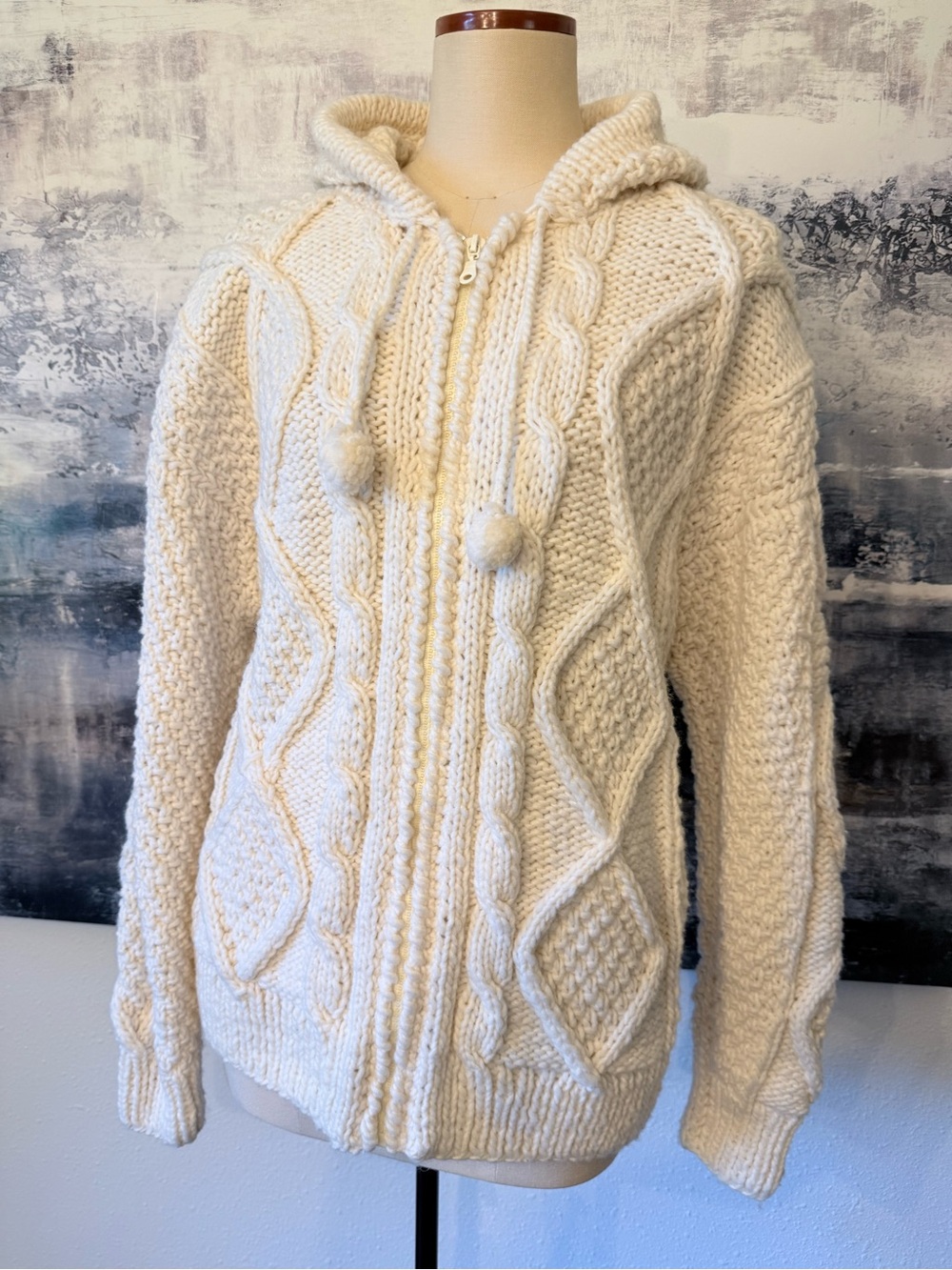 Handmade Wool Fisherman Zip front Cardigan Sweater Cream CableKnit Hooded Med \A